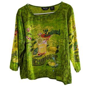 Take Two Women's V-Neck 3/4 Sleeve Lemonade Green Yellow Top XL Cotton Sequins